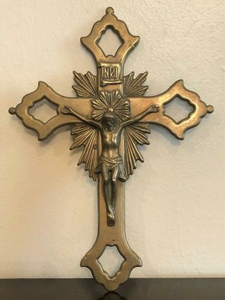 Vintage Large Jesus Christ INRI Wall Cross Crucifix Brass Bronze 11 3/4 x 8 1/2 2
