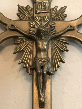 Vintage Large Jesus Christ INRI Wall Cross Crucifix Brass Bronze 11 3/4 x 8 1/2 3