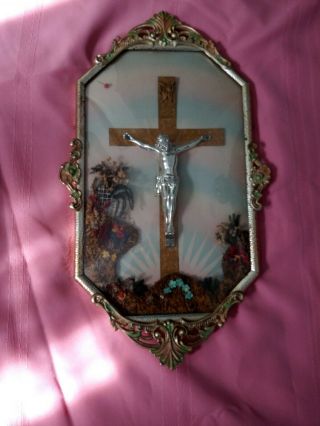 Vintage Jesus On Cross Crucifix Convex Bubble Glass Rare 1 Of A Kind 20 " X12 "
