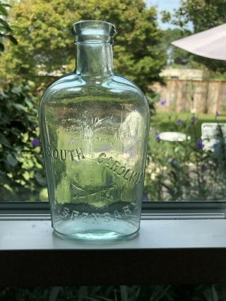 South Carolina Dispensary Strapped Aqua Half Pint Bottle,  Perfect
