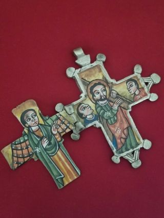 Vintage Ethiopian Neck Cross Orthodox Coptic Hand Crafted Painted Christian Art