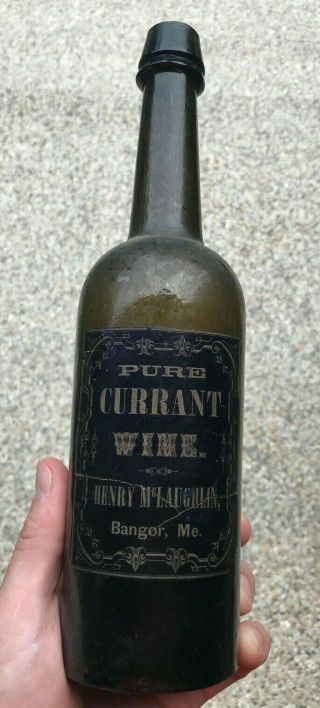 Pure Currant Wine Henry Mclaughlin Bangor Maine Me Patent Whiskey Bottle 1860’s