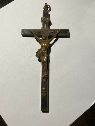 German Nun ' s Antique Bronze & Ebony Wood Habit Crucifix Cross 6.  75 Inches Tall 2