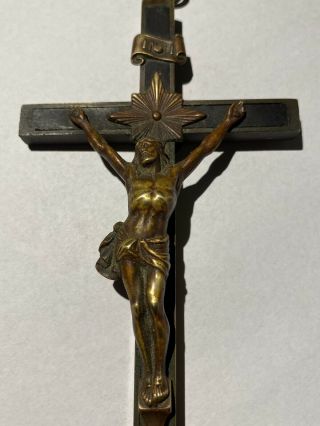 German Nun ' s Antique Bronze & Ebony Wood Habit Crucifix Cross 6.  75 Inches Tall 3
