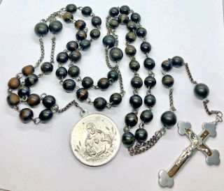 † Nun Antique Black Wooden Beads,  Habit Rosary W Sacred Heart Of Jesus Medal †