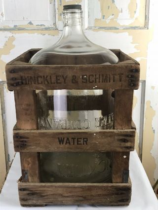Very Early Hinckley & Schmitt Glass Water Co.  5 Gal.  Bottle & Wood Crate Chicago