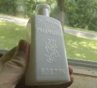 White Milkglass Jno Sullivan Pharmacist Boston 1880s Hand Blown Medicine Bottle