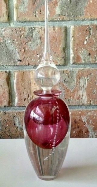 Tall Signed Art Glass Scent Perfume Bottle With Controlled Bubbles.  23cms