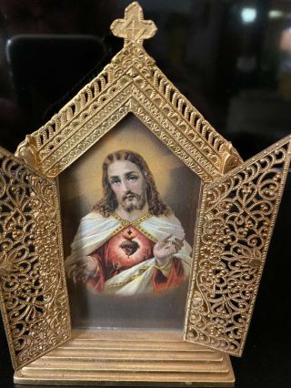 Jesus Sacred Heart Picture In Closing Gold Finish Metal Frame.