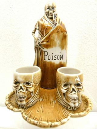 Schafer Vater German Porcelain Figural Bottle Flask Skeleton Poison Tray Cups
