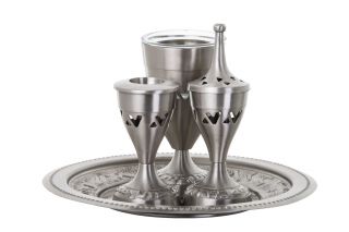 Havdalah Set Pewter With Glass Insert,  Spice: 6 ",  Candle Holder: 4 ",  Cup: 5.  25 "
