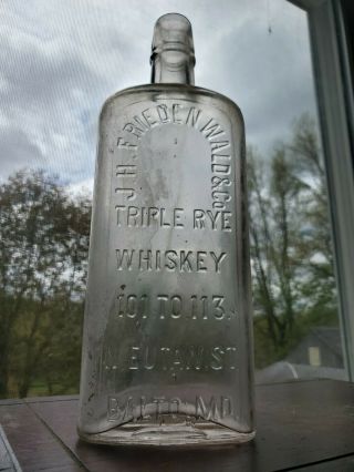 Jh Friedenwald Triple Rye Whiskey Flask Baltimore Md Maryland Antique Bottle