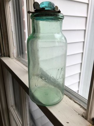 Pristine Aqua Quart Lafayett Fruit Jar With Correct Closure