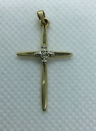 Vintage Estate Solid 14k Yellow Gold 1.  25” Cross Within A Cross With Diamond