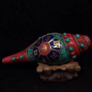 Chinese Antique Tibetan Buddhist Conch Inlaid With Gems Instrument