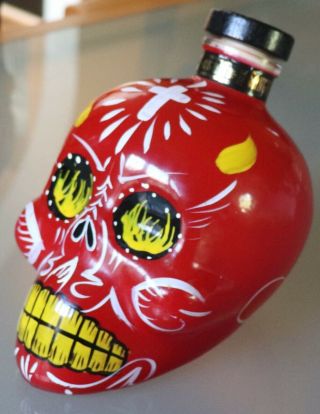 Hand - Painted Sangre De Vida Red Sugar Skull 750ml Agave Tequila Bottle,  Empty