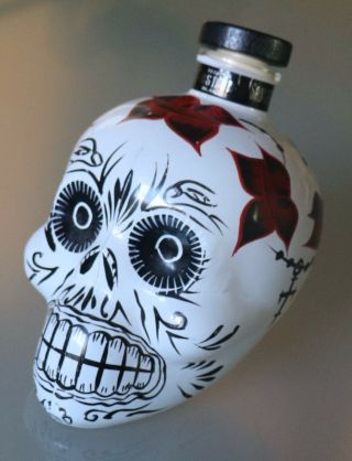 Hand - Painted Sangre De Vida White Sugar Skull 750ml Agave Tequila Bottle,  Empty