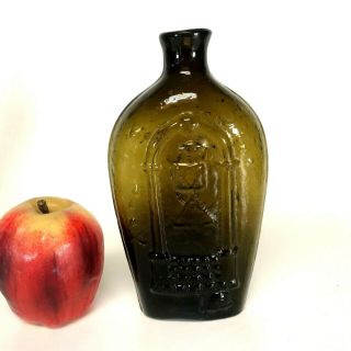 19th Century Keene Olive Amber Historical Masonic Eagle Flask 2