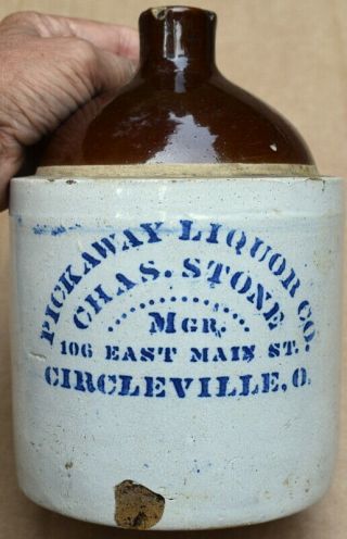 Blue Stenciled Whiskey Jug,  Pickaway Liquor Co Circleville,  Ohio C.  1880 