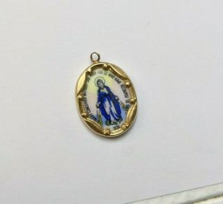 14k Yellow Gold Virgin Mother Mary Porcelain Medal Necklace Charm Vtg Blue