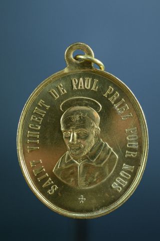 19thc French Religious Brass Medal Pendant St Vincent De Paul