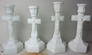 4 Vintage Milk Glass Religious Crucifix Candle Stick Holders - Reserved