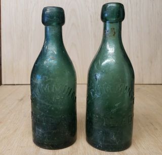 Pair Antique Civil War Era S Cummings Green Philadelphia Soda Bottles 1860s
