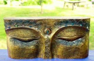 Wise Eyes Of Buddha Wall Art Sculpture Hand Carved Wood Gold Balinese Art