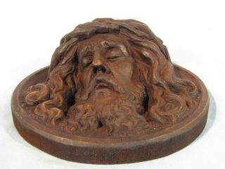 Antique Carved Wood Relief Plaque Of Jesus With Crown Of Thorns