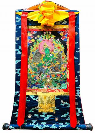 27 Inch Tibet Buddhist Thangka Gold Silk Embroidery Buddhism Goddess Green Tara