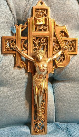 Vintage Antique Large Wall Brass Crucifix Cross Jesus Christ Inri God Holy Ghost