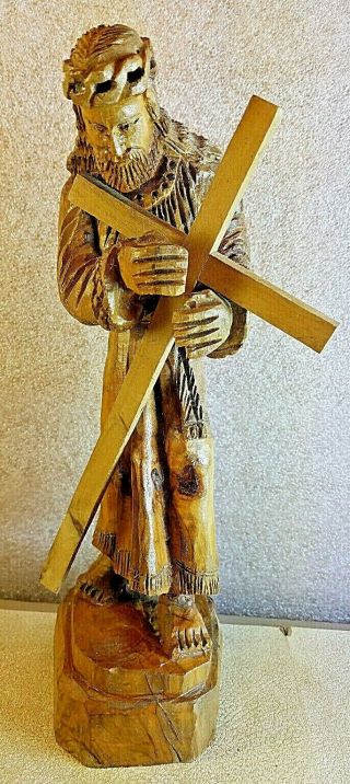 Vintage Hand Carved Olive Wood Jesus Christ With Cross Sculpture Figure 11 " Tall