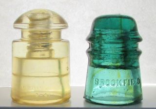 Dark Yellow Hemingray Cd 128 & Green Aqua Brookfield Cd 121 Glass Insulators