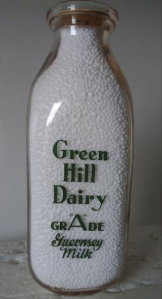 Green Hill Dairy " Grade A Guernsey Milk " Lynchburg Virgiia Quart Milk Bottle