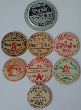 8 Rare Vintage Milk Bottle Caps From Lynchburg,  Appomattox & Rustburg Virginia