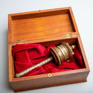 Antique Prayer Wheel With Wooden Box And Scroll.  Very Interesting Piece