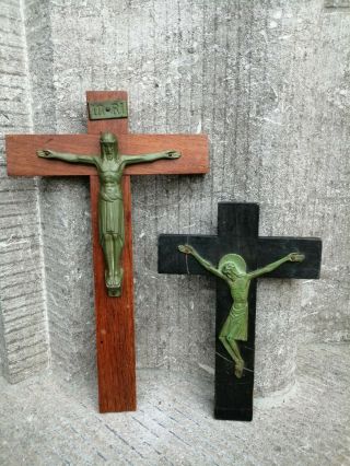 2 Antique Wood Cross Crucifix Art Deco Metal Jesus Crist Corpus Wall Hanging