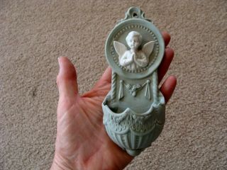 Antique French Porcelain Bisque Holy Water Font Child Angel Wall Mount