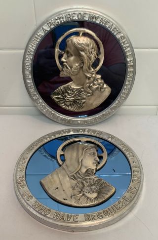 Antique Vintage Art Deco Jesus & Mary Sacred Heart Blue Mirror Picture Plaque