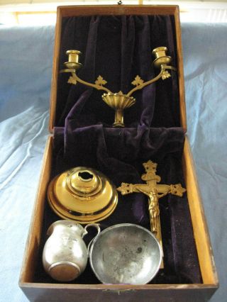Antique Catholic Last Rite Sick Call Wooden Altar Box Brass Cross Font Candelabr