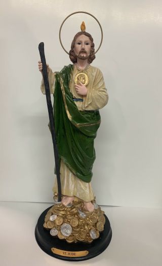 12” Inch St.  Jude / San Judas Tadeo Statue With Money And A Wooden Base.