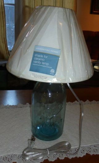 Mason Jar Table Lamp " Ball Perfect Mason " Half Gallon Antique Aqua Blue Jar