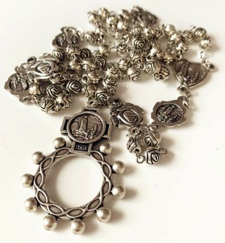 Vintage Silver Rose Beads Catholic Our Lady Of Fatima Rosary Necklace Cross Gift