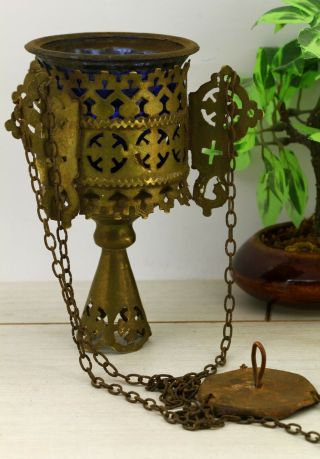 Russian,  Lamp for Icon,  Lampada Orthodox Antique old bronze with blue Glass 2