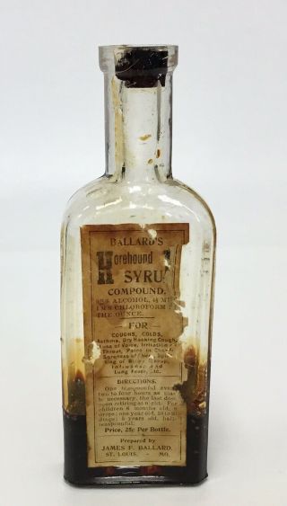 Antique Ballard’s Horehound Syrup Bottle With Cork Medicine St Louis Mo
