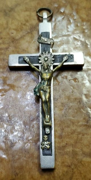 Antique Victorian Crucifix Cross Skull & Crossbones Black Ebony Pendant 605 (66