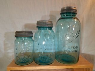 Set of 3 Antique VTG Ball Blue Jars - Half Gallon,  Quart,  & Pint - Zinc Lids 3