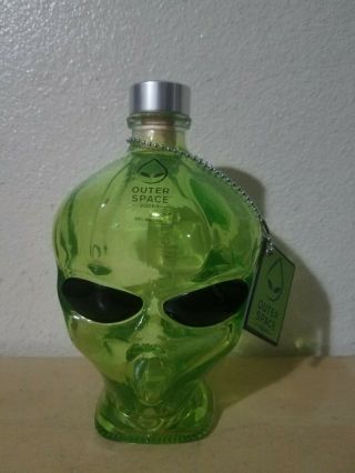 Htf Outer Space Vodka Alien Head Green Glass Bottle With Tag 3 1/2 " Empty