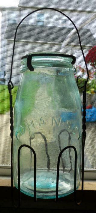 Aqua Cohansey Quart Mason Fruit Canning Jar With Lid Clamp & Wire Carrier