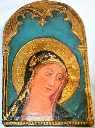 Vintage Religious Wall Decor/painting Of Blessed Virgin Mary On Wood Plaque